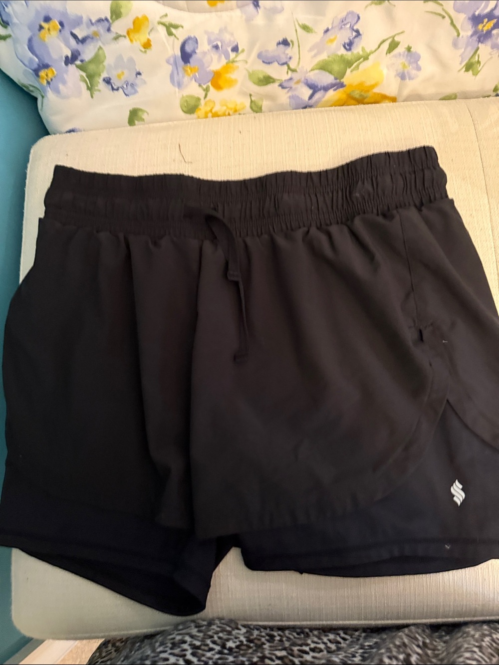 Women's Black Athletic Layered Running Shorts with Drawstring Waist